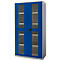 Blue and grey cabinet with glass doors, black handle and shelves. The interior is visible.