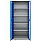 Blue steel cabinet with open doors and multiple shelves.