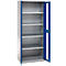 A gray open cabinet with blue frames. Several shelves are visible.