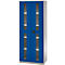 Blue cabinet with glass front and shelves. A black rotary knob in the middle.