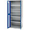 Gray cabinet with blue door frames. The door is open to reveal the shelves.