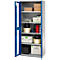 Open metal cabinet with multiple shelves, filled with boxes, tools, and rolls.
