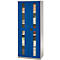 Blue cabinet with glass doors, filled with objects, black handle.