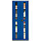 Blue filing cabinet with glass windows filled with office supplies. Handle centered.