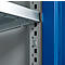 Close-up of a metal shelf. The gray shelves are attached to the blue side wall with brackets.