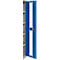 Open steel cabinet, most of the blue door is visible. Several shelves can be seen inside.