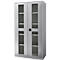 Grey steel cabinet with two glass doors, shelves behind. Black handle in the middle. On a light grey background.