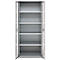An empty grey cabinet with six shelves, doors open.