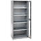 Gray steel cabinet with open door, shelves inside. Lighting inside. Application image.
