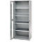 Gray metal cabinet with open door and five shelves. A white wall can be seen in the background.