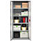 An open, grey tool cabinet filled with tools and materials.