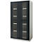 A cabinet with black double doors featuring glass windows and white shelves. The cabinet is set against a white backdrop.