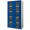 Blue and white cabinet with glass doors and shelves. Black handle in the middle.