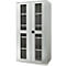 Gray cabinet with glass doors, black handle, and shelves. The doors are closed.