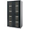 A grey cabinet with glass doors, shelves, and a black handle. The cabinet is set against a white background.