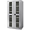 Silver cabinet with two glass doors, shelves inside. Black door handle in the middle.