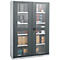 Dark gray cabinet with glass windows filled with office supplies and boxes.