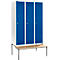 Schäfer Shop Genius Kledinglocker met zitbank, 3 compartimenten, 400 mm compartimentbreedte, cilinderslot, lichtgrijs/gentiaanblauw