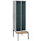 Grey-green locker with bench. Both doors have ventilation slots and a handle.
