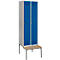 Double locker with two blue doors. There is a wooden bench with a black frame below.