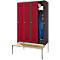 Red locker with three doors, one open. Shoes and clothes in the locker, on a bench in front.