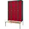 Red lockers with perforated doors, grey frames, and a wooden bench. A practical storage unit for changing rooms.