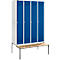 A locker with four blue doors, below it a wooden bench with a black frame.