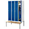 Three-section blue locker, one door open. Inside, clothes, helmet, shoes, and a bench in front.
