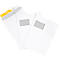 Three white envelopes. One is open, showing yellow adhesive tape. Two envelopes have windows.