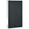 Gray cabinet with two doors, black handle and ventilation slots.