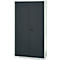 Dark grey cabinet with two doors and a black handle. The cabinet is in front of a white background.