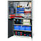 Tool cabinet with tools, drawers, cable reel and boxes. Open. Grey silver.