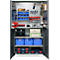 Open tool cabinet with tools. Inside: drilling tools, pliers, screws, blue boxes, cables. Open doors, gray body.
