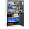 Tool cabinet with pegboard and open door, filled with tools, boxes, and accessories.