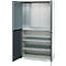 Open steel cabinet with perforated back panel and several shelves. One door is open.