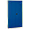 Blue steel cabinet with two doors. Black handle. White case. The cabinet stands in front of a light background.