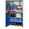 Tool cabinet with open doors filled with tools, screws and cables.