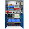 Open tool cabinet with many tools, boxes, tool boxes and accessories.