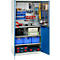 Tool cabinet, half open, filled with tools, boxes and toolboxes.
