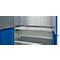 Open tool cabinet door with perforated panel and shelves. Blue exterior. Silver interior.