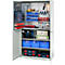Tool cabinet with open doors. Tools, screws and accessories are stored in compartments and on perforated walls.