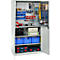 Open tool cabinet with tools and accessories. Blue boxes, tool boxes, cables and various tools attached to perforated walls.