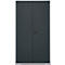 Dark grey cabinet with two doors and a round knob in the middle. The cabinet stands against a white background.