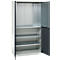 Metal cabinet with open doors, perforated back panel, and shelves.