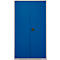 Blue cabinet with two doors, silver frame and handle.