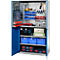 Tool cabinet with open door. Filled with tools, small parts containers and accessories.