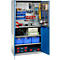 Tool cabinet with open door. Tools, blue boxes and cases are neatly stored.