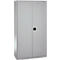 Gray filing cabinet with two doors and a black handle.
