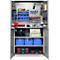 Open tool cabinet with tools and accessories. Blues, silver and black dominate.