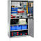 Gray tool cabinet with open door. Inside: tools, drawers, boxes and equipment. The cabinet stands against a white background.